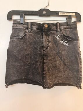 H&M Black Washed Denim Mini Skirt with Embroidered Script